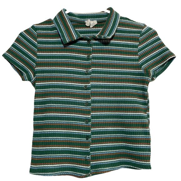 Sky and Sparrow Shirt Ribbed Knit Button Front Short Sleeve Striped Green M - Picture 2 of 5